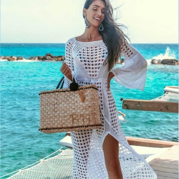 Other - New White Chrochet Cover Up Long Dress with Slit